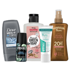 Alle Dove, Axe, Wilkinson, Elmex, Marcel's Green Soap of Hawaiian Tropic mini's